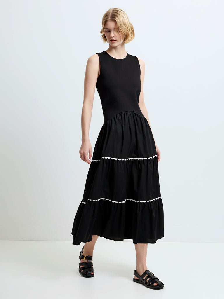 Kaylie Mix Tiered Ric Rac Monochrome Midi Dress Black/Porcelain