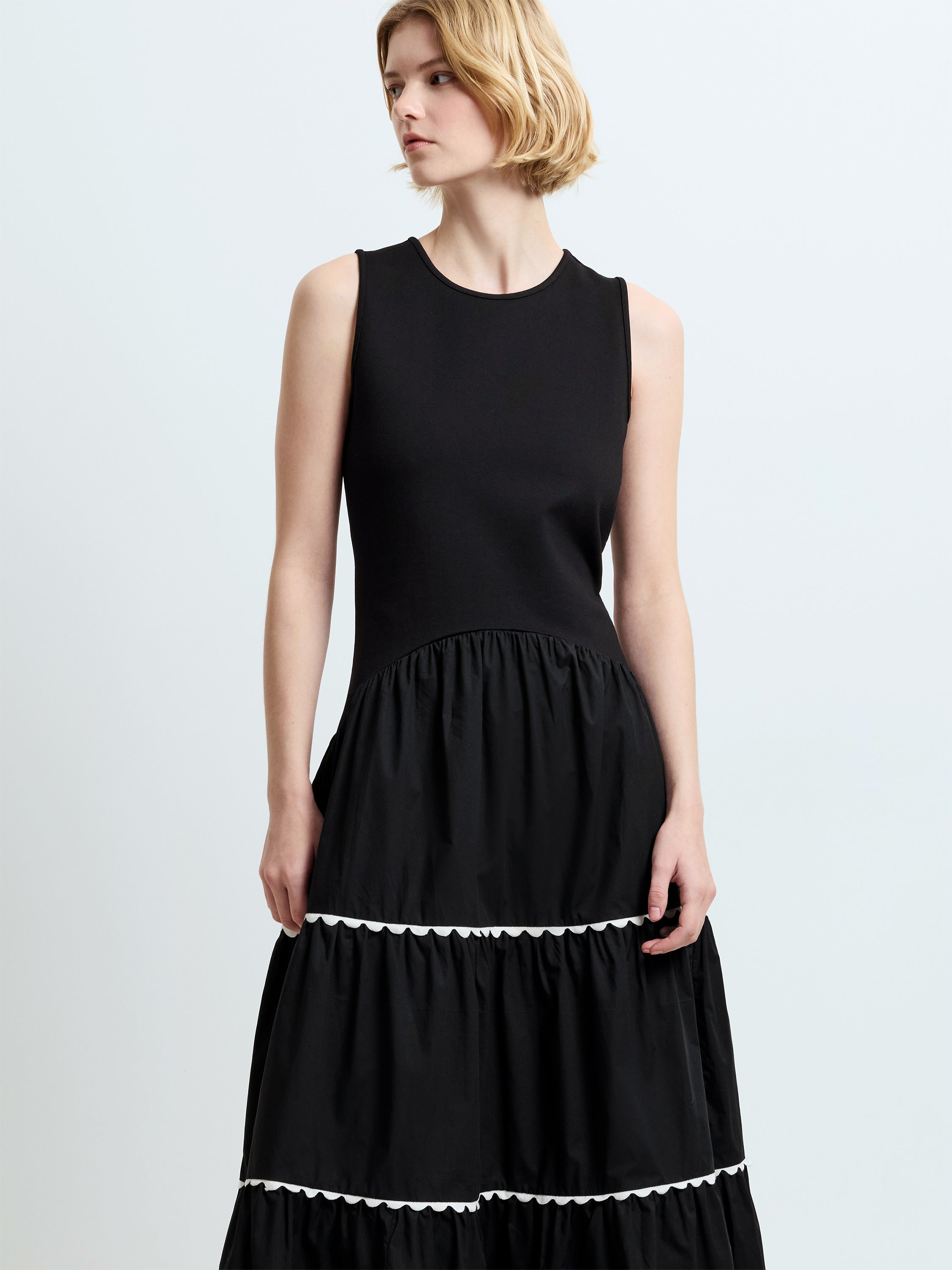 Kaylie Mix Tiered Ric Rac Monochrome Midi Dress Black/Porcelain