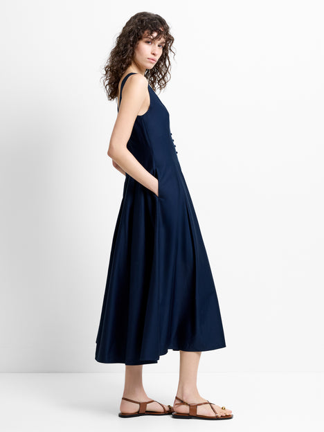 Cotton Sateen Scoop Neck Navy Fit-and-Flare Midi Dress