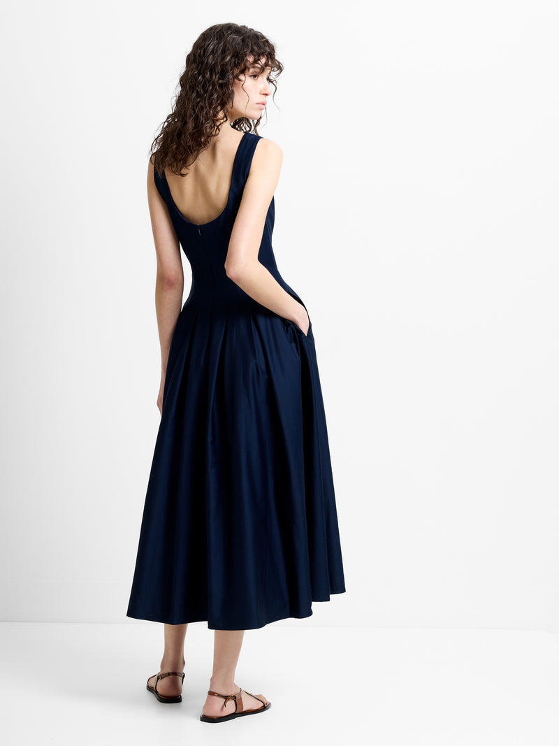 Cotton Sateen Fit-and-Flare Midi Dress