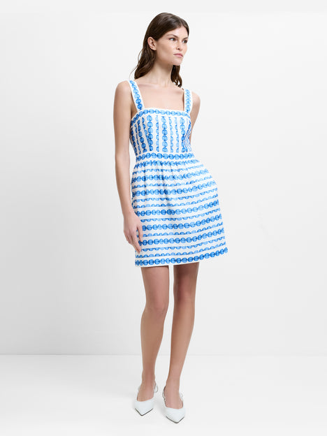 Structured Taffeta Blue Shell Print Mini Dress