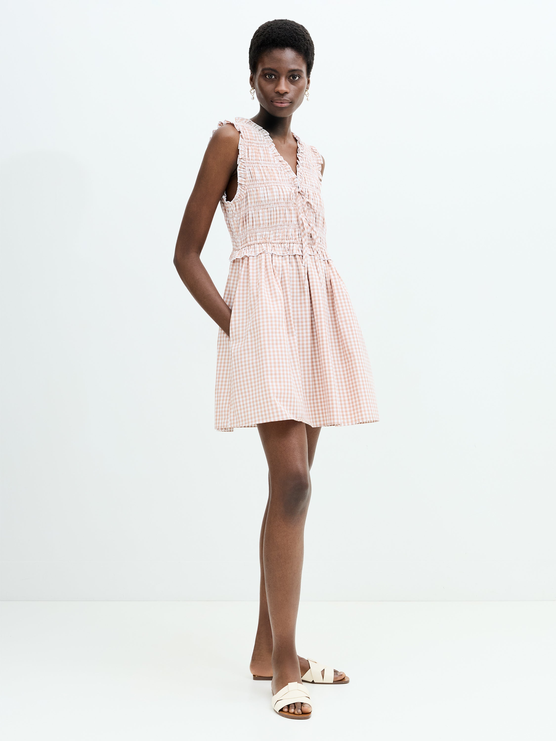 marseille gingham smocked mini dress Rhodes Poplin Ruffle Gingham Smocked Mini Dress Petite Gingham In Almond  Nude
