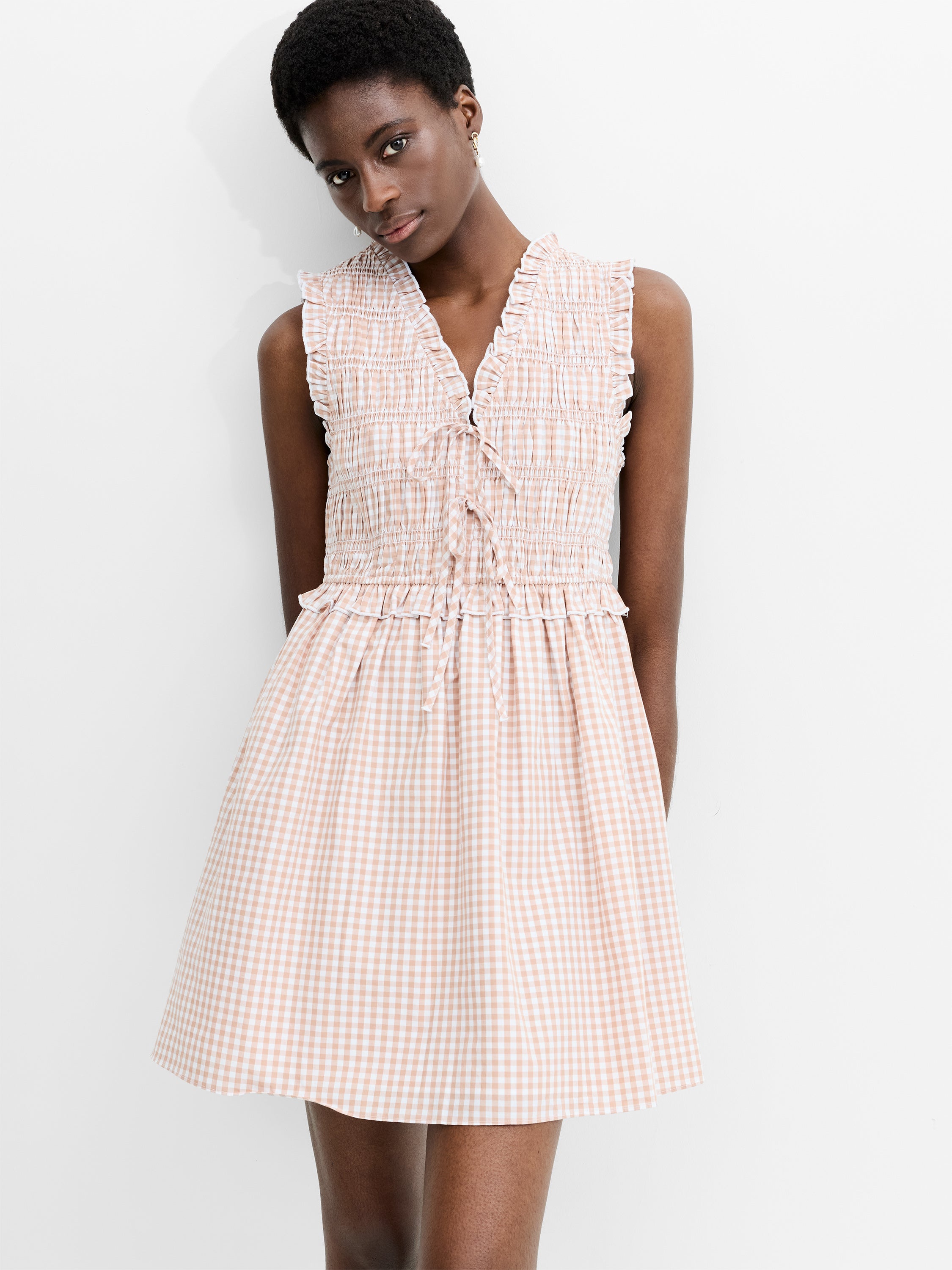 Rhodes Poplin Ruffle Gingham Smocked Mini Dress