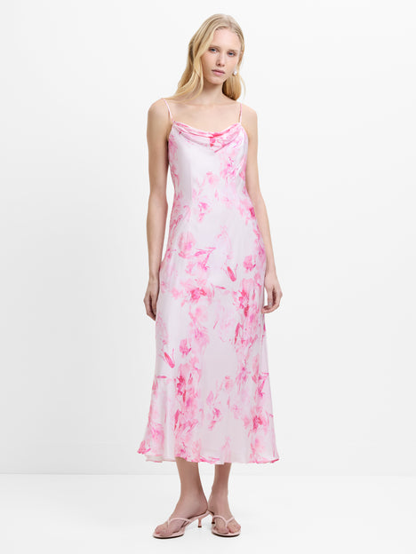 Oona Satin Cowl Neck Pink Floral Midi Dress