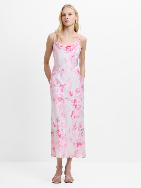 Oona Satin Cowl Neck Pink Floral Midi Dress