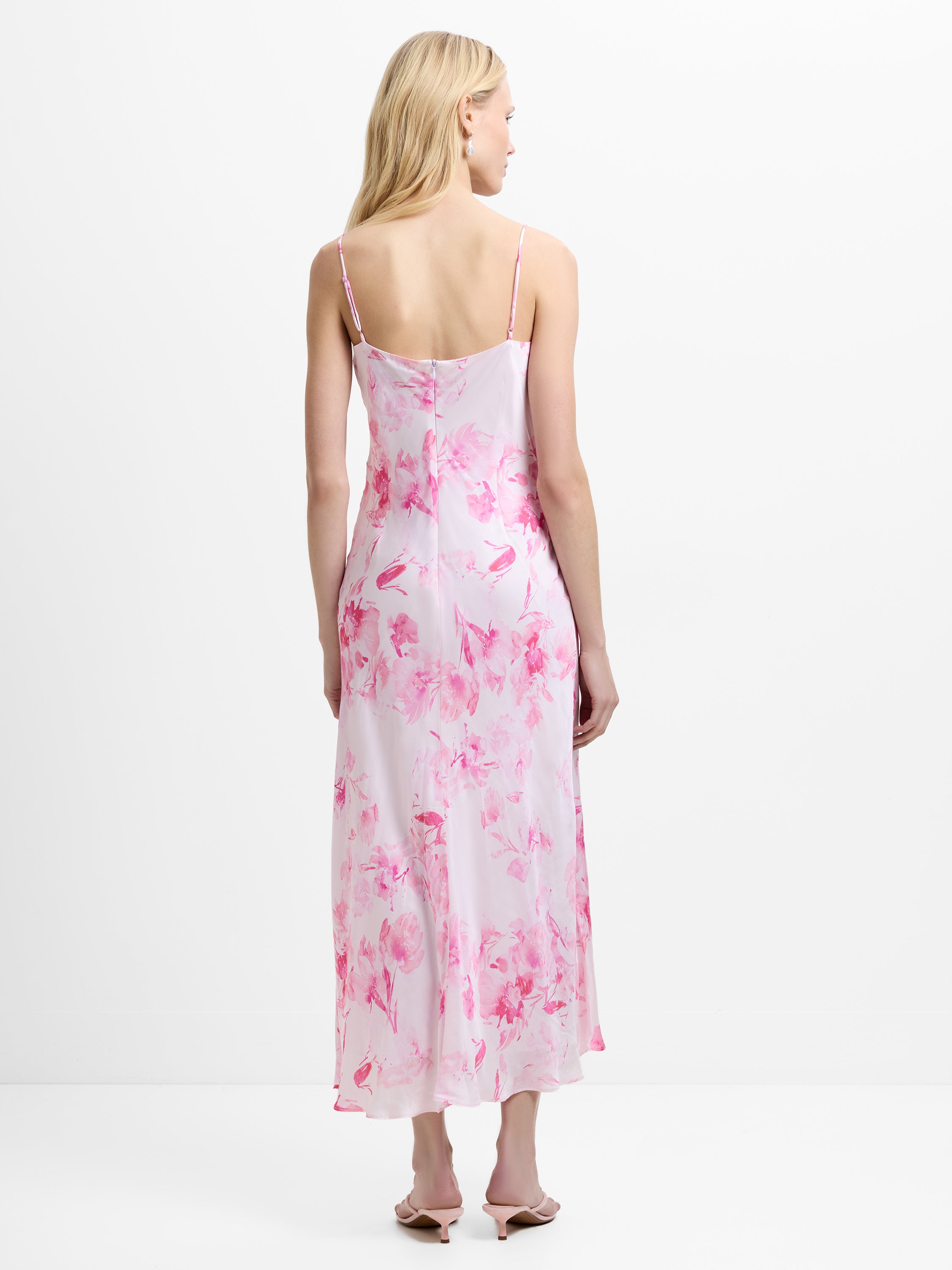Oona Satin Cowl Neck Pink Floral Midi Dress