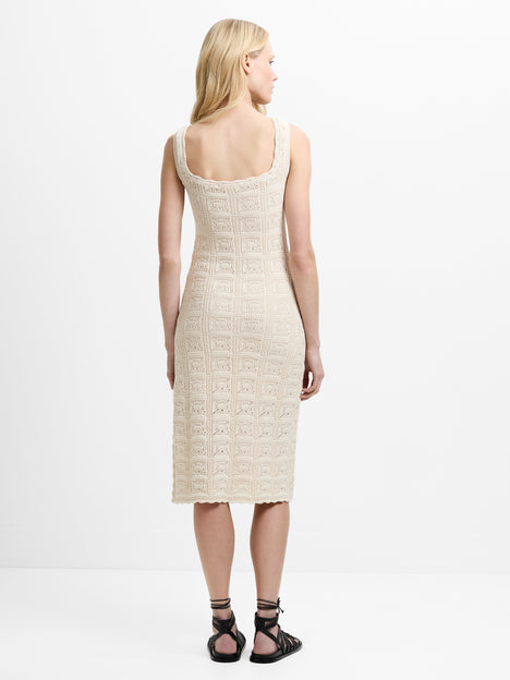 Nellis Square Neck Cream Crochet Knit Midi Dress