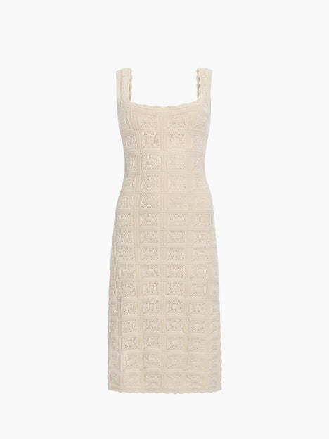 Nellis Square Neck Cream Crochet Knit Midi Dress