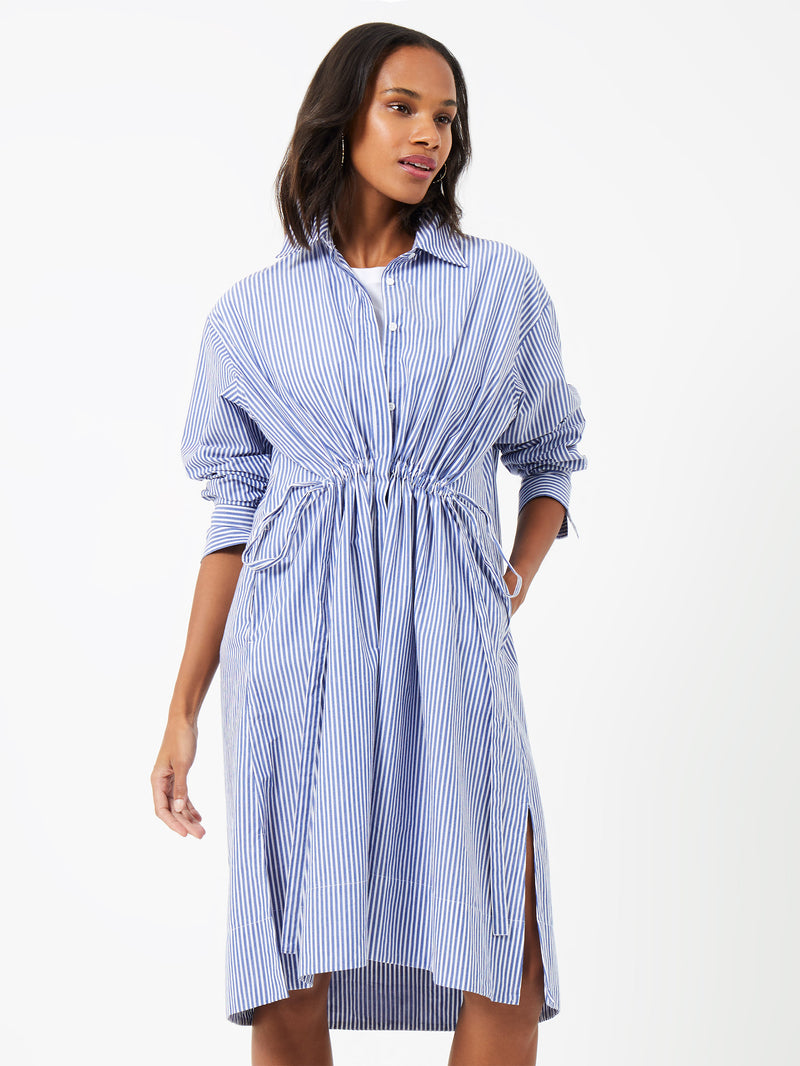 Rhodes Stripe Poplin Shirt Dress Linen White/Marine | French Connection UK