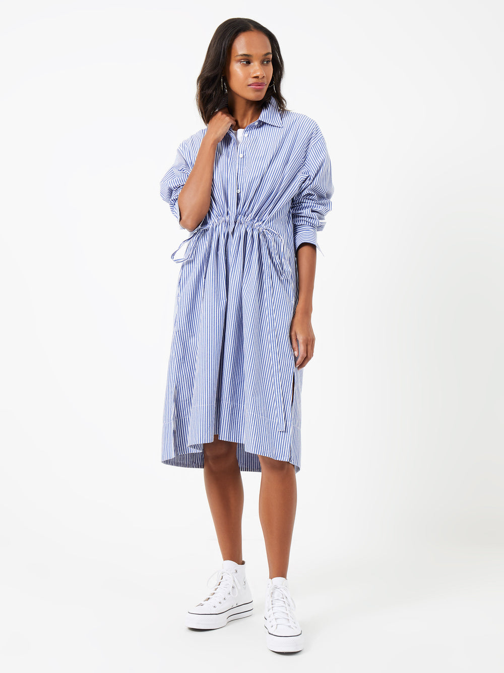 Rhodes Stripe Poplin Shirt Dress Linen White Marine French