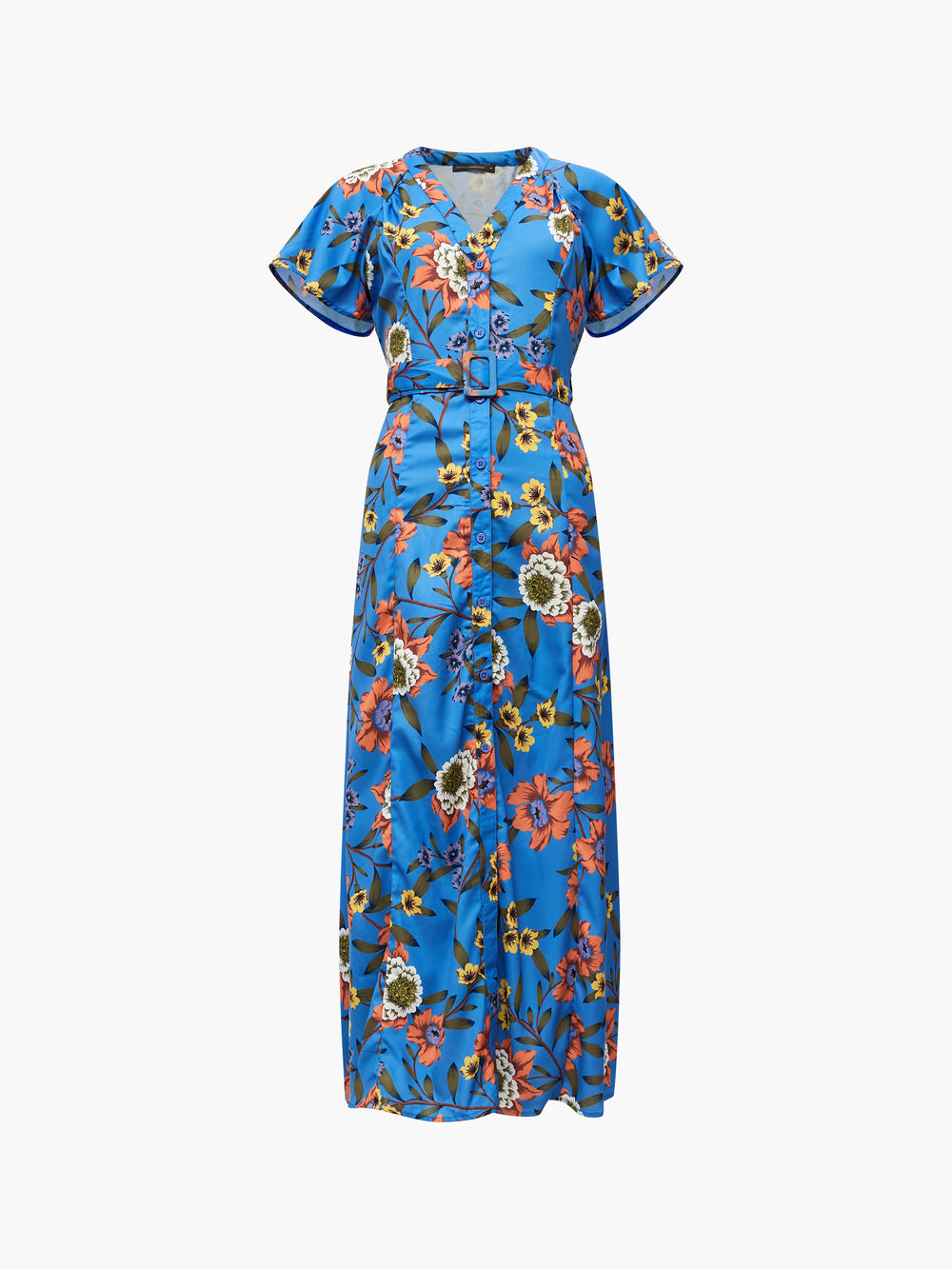 Floral Button-Through Belted Midi Dress Tranquil Blue | French ...