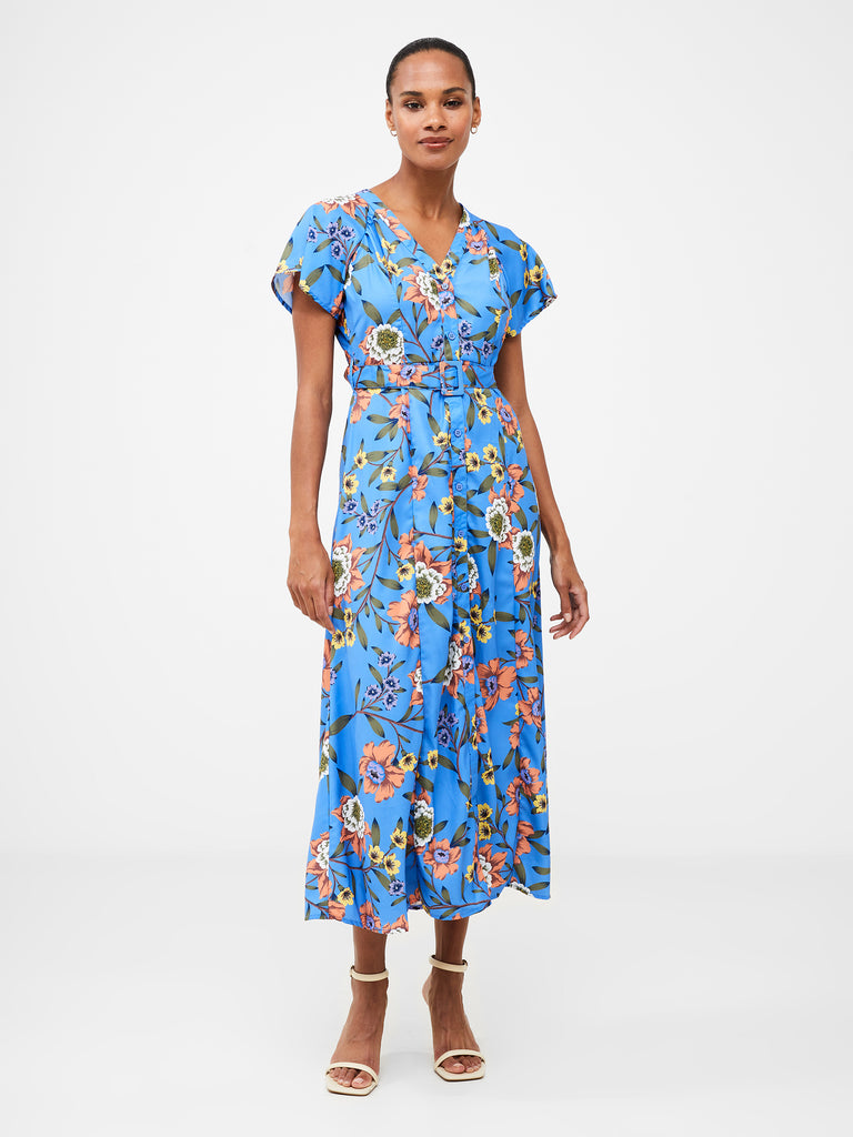Floral Button-Through Belted Midi Dress Tranquil Blue | French ...