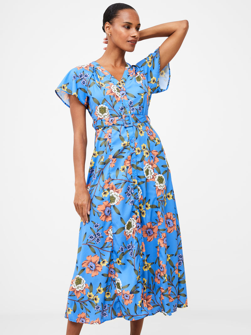 Floral Button-Through Belted Midi Dress Tranquil Blue