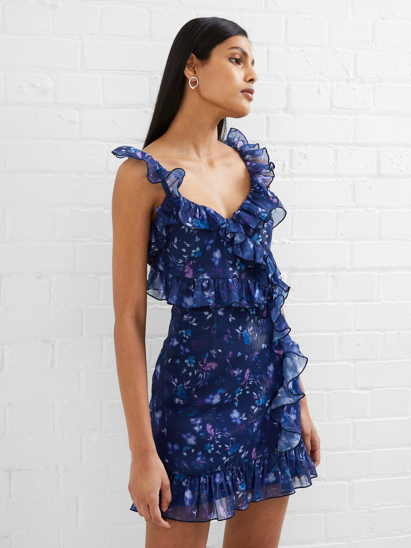 Aden Bai Sheen Frill Cami Mini Dress Blue Depths | French Connection UK