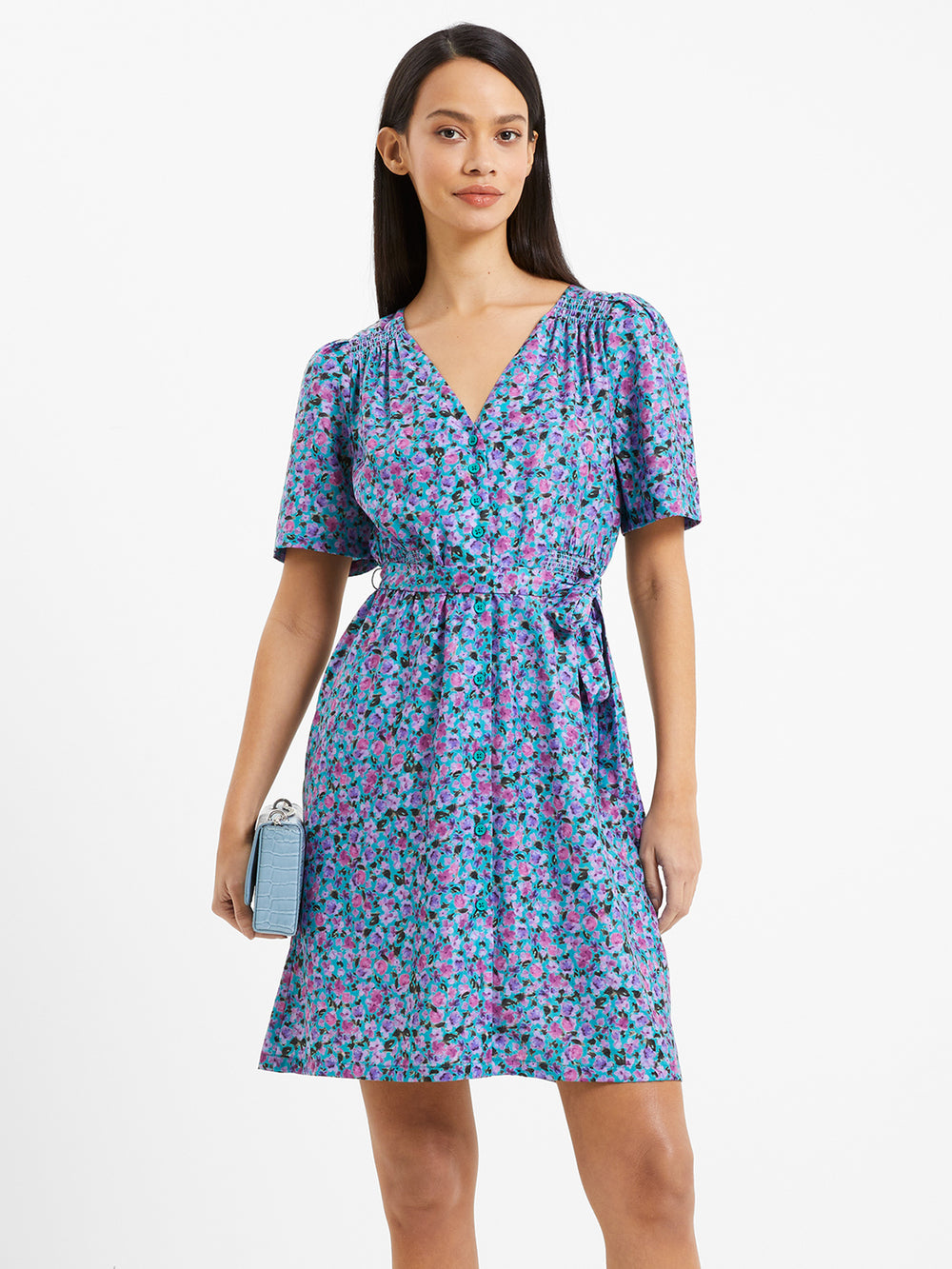 Alezzia Ely Jacquard Smock Dress Jaded Teal | French Connection UK