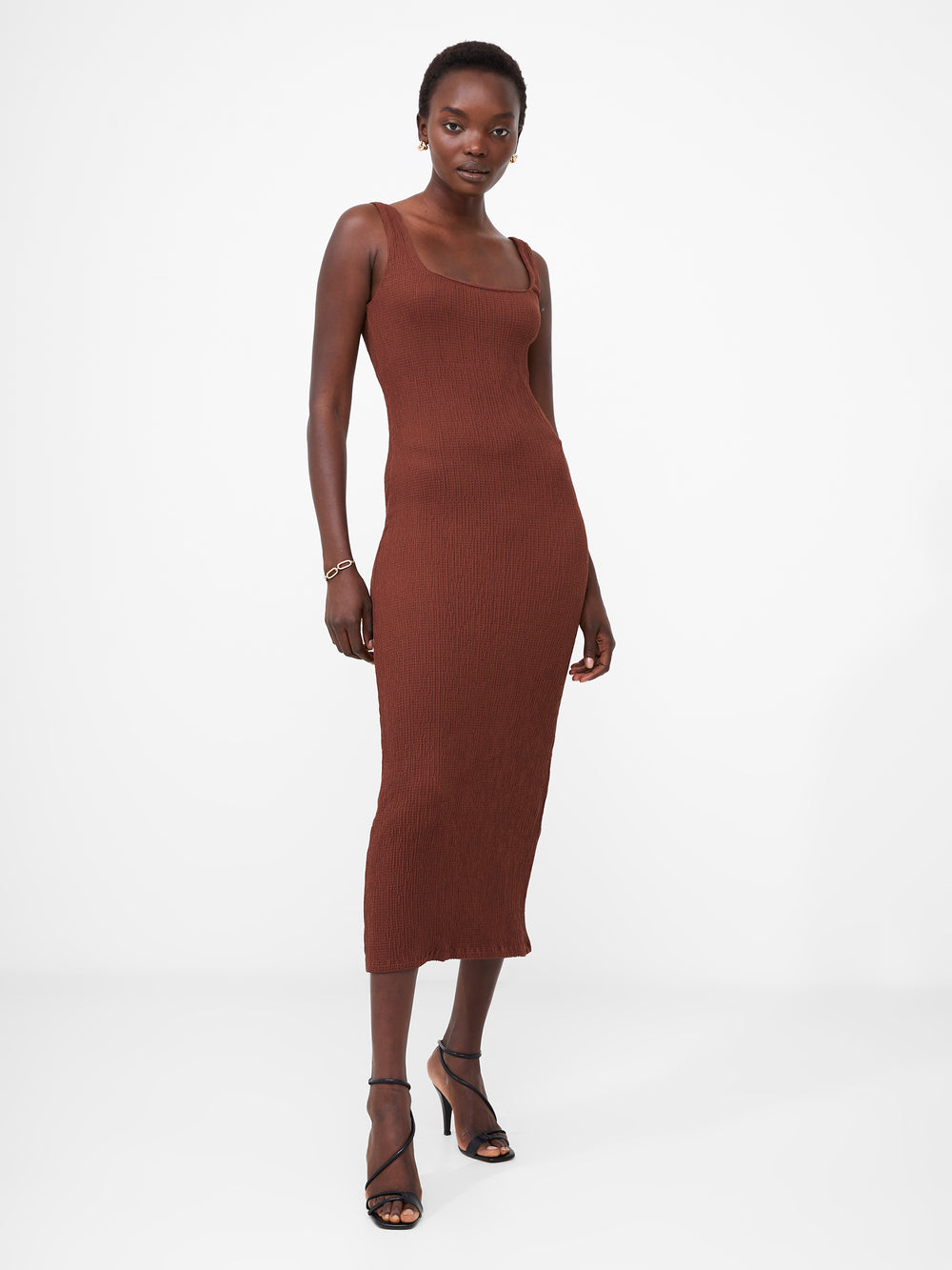 Textured Square Neck Midi Dress Chocolate Fondant | French Connection UK