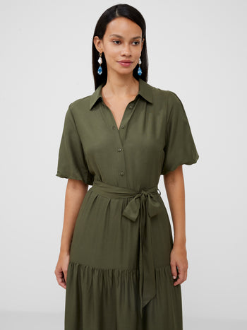 Puff Sleeve Tiered Midi Shirt Dress