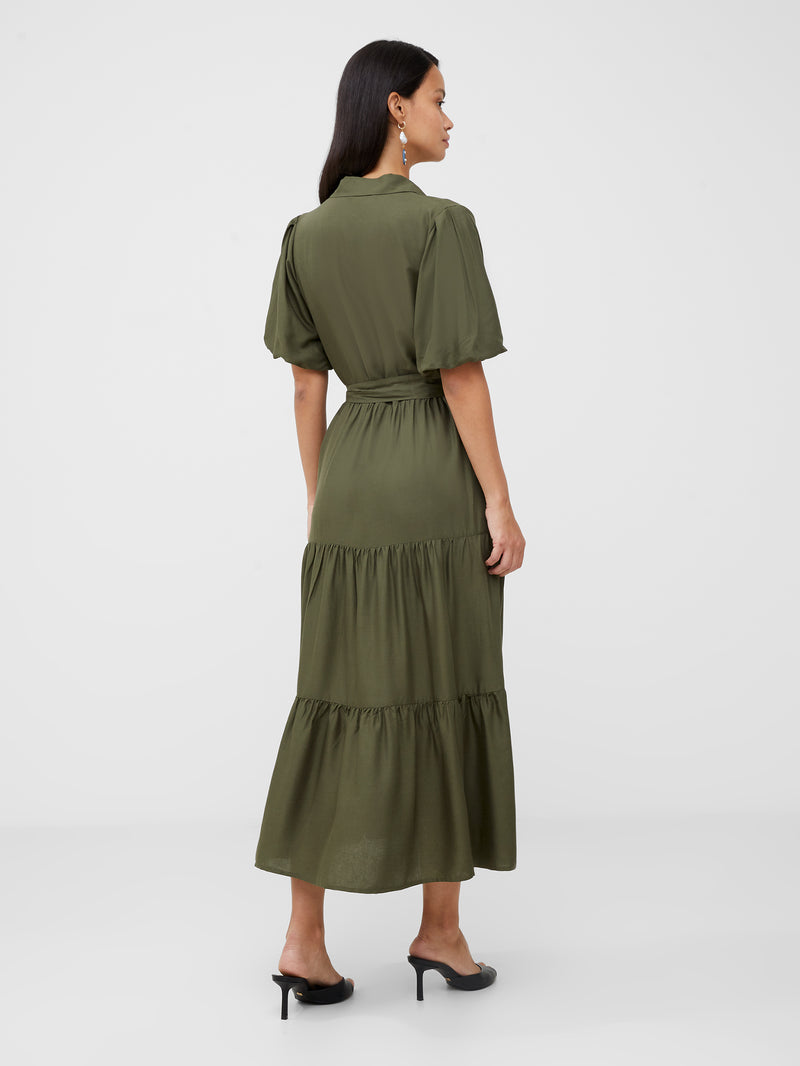 Puff Sleeve Tiered Midi Shirt Dress Olive Night | French Connection UK
