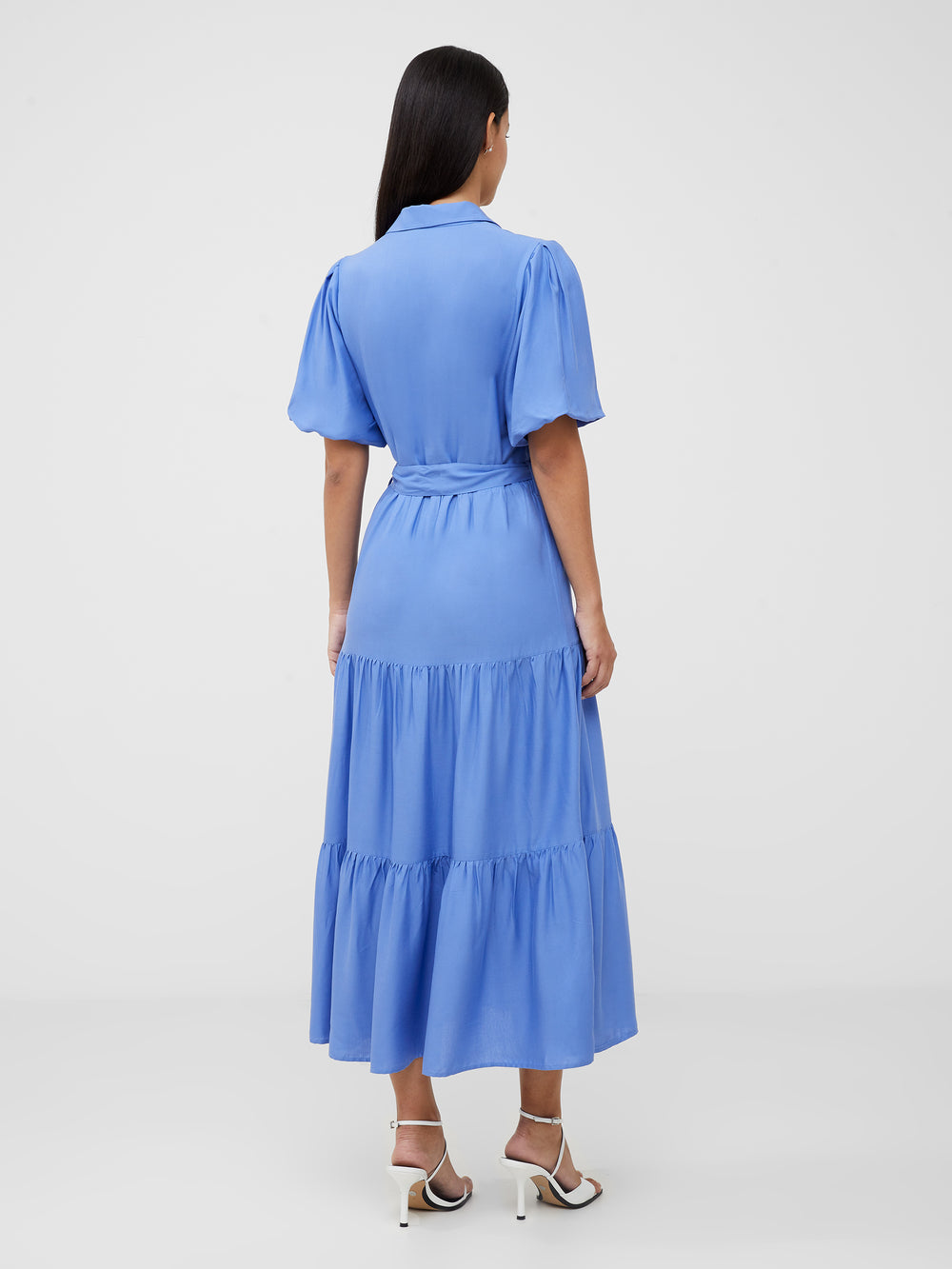 Puff Sleeve Tiered Midi Shirt Dress Bay Blue | French Connection UK