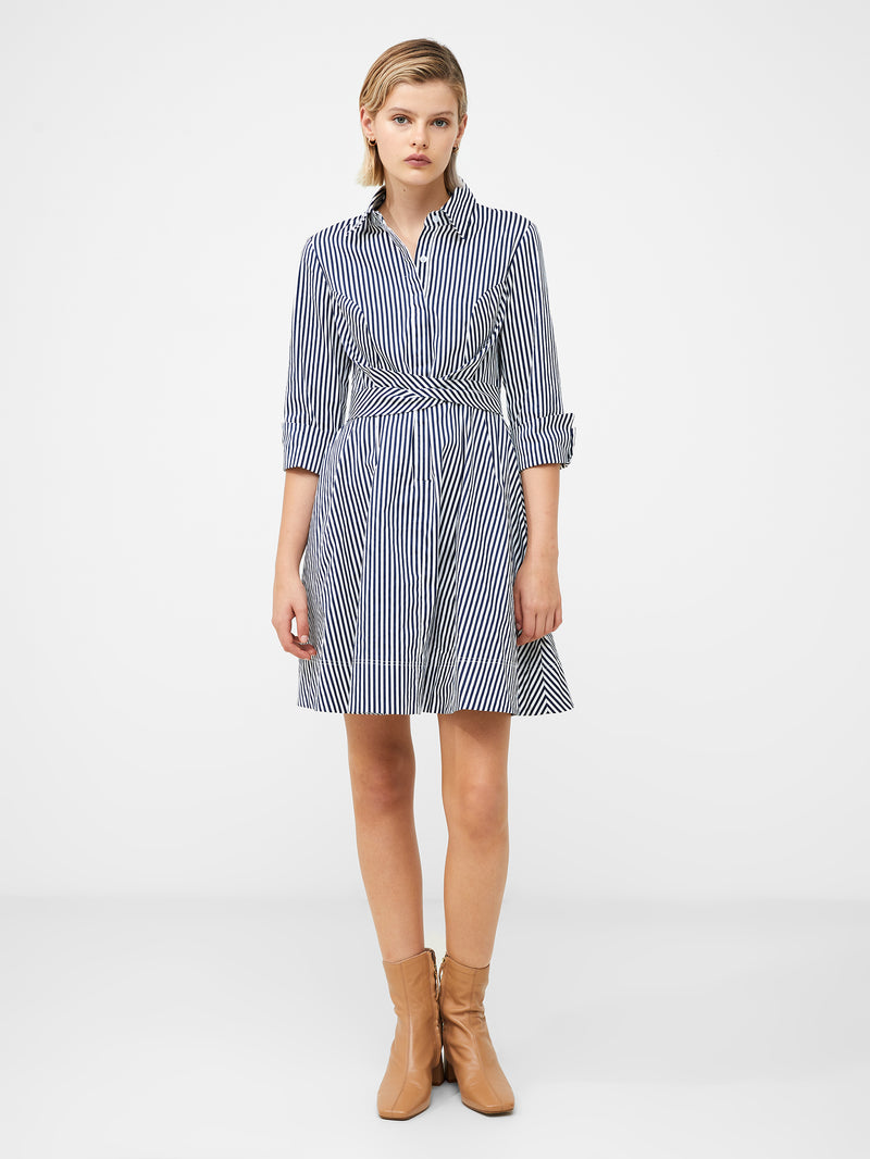Stripe Belted Mini Shirt Dress Navy/Summer White | French Connection UK