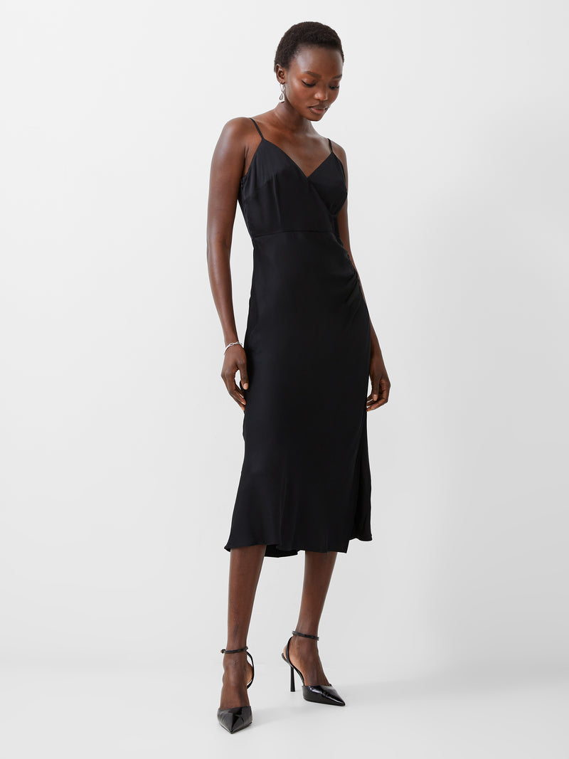 Ennis Eco Satin Slip Midi Dress Blackout | French Connection UK