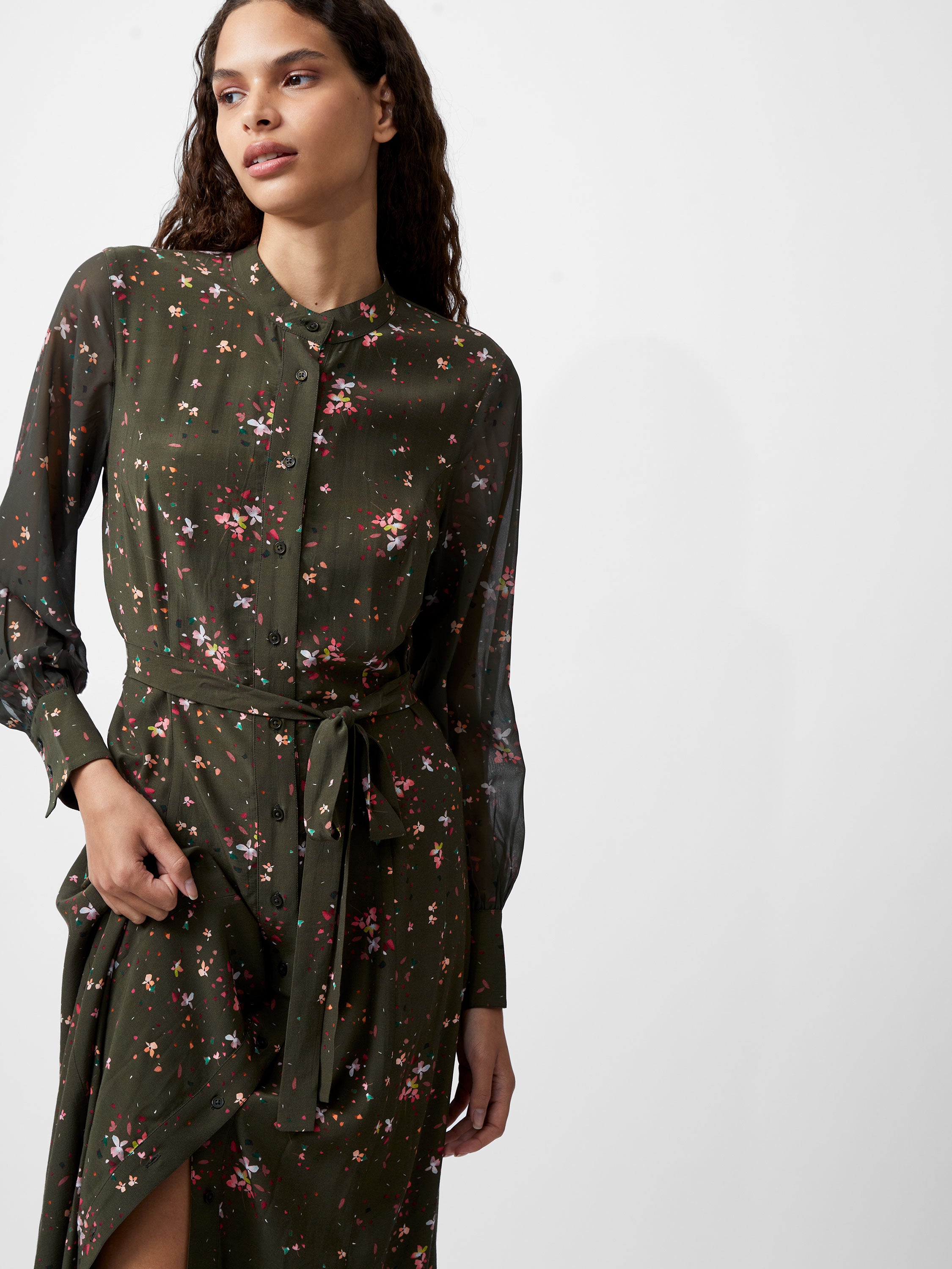 Carina Eco Delphine Georgette Mix Shirt Dress Olive Night Multi French Connection UK