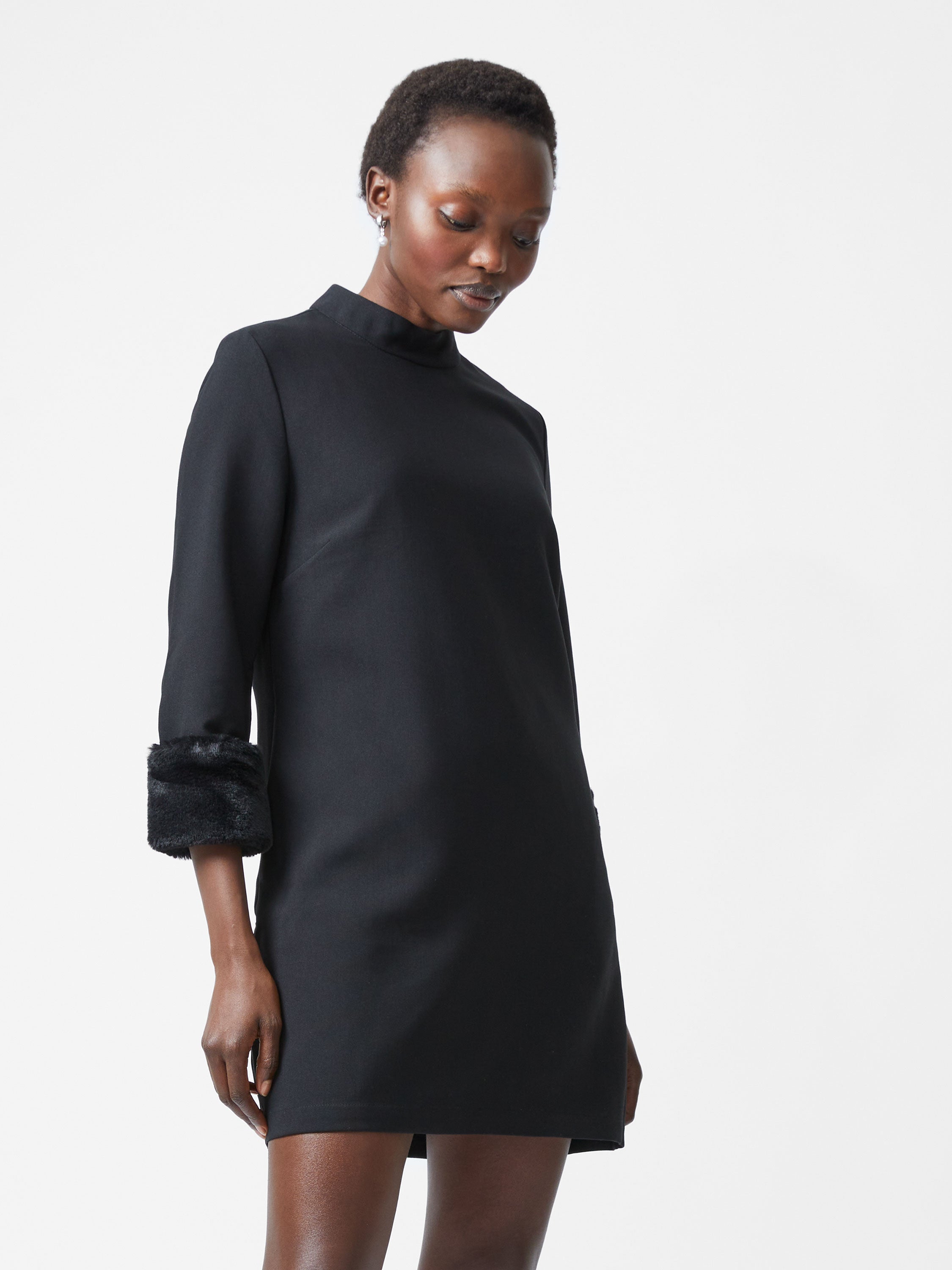 Luxe Faux Fur Three Quarter Sleeve Cuffs Mini Dress S Black | French  Connection UK