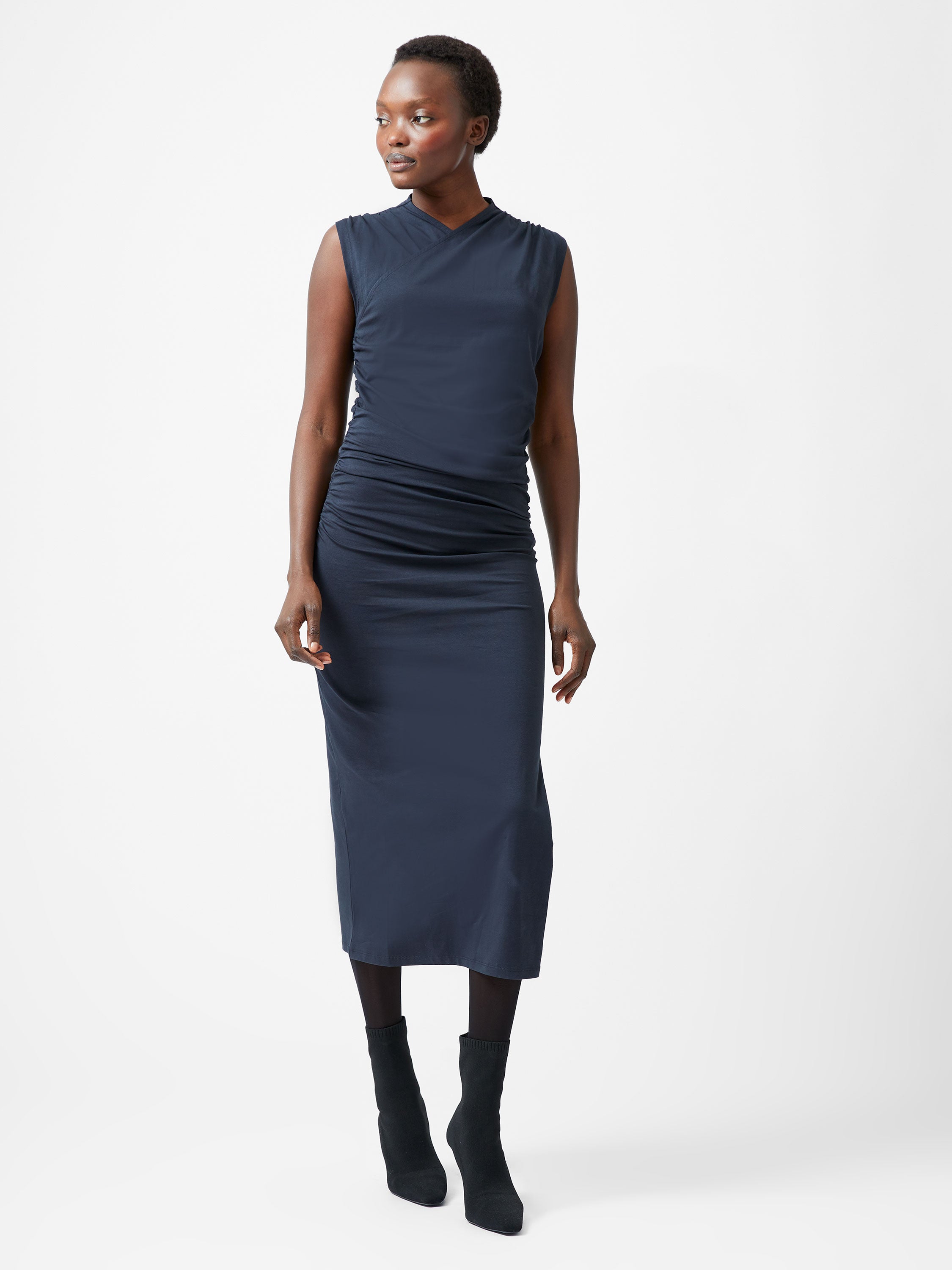 Rallie Cross Over Neck Ruched Midi Dress