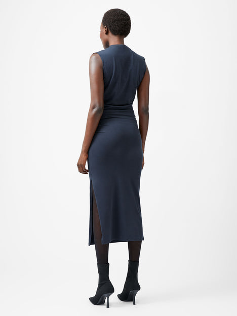 Rallie Cross Over Neck Ruched Midi Dress