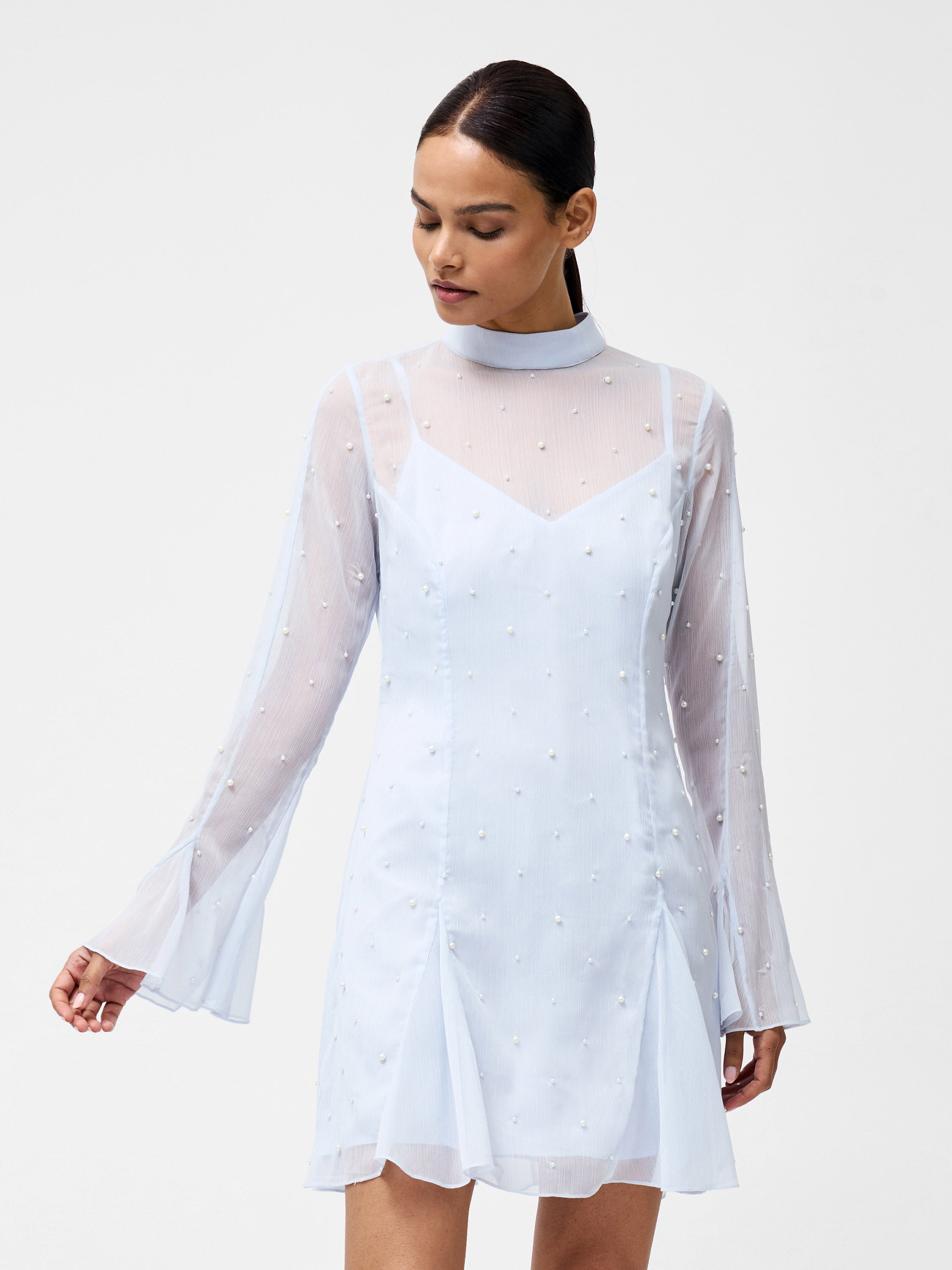 Elizabeth Chiffon Faux Pearl Mini Dress
