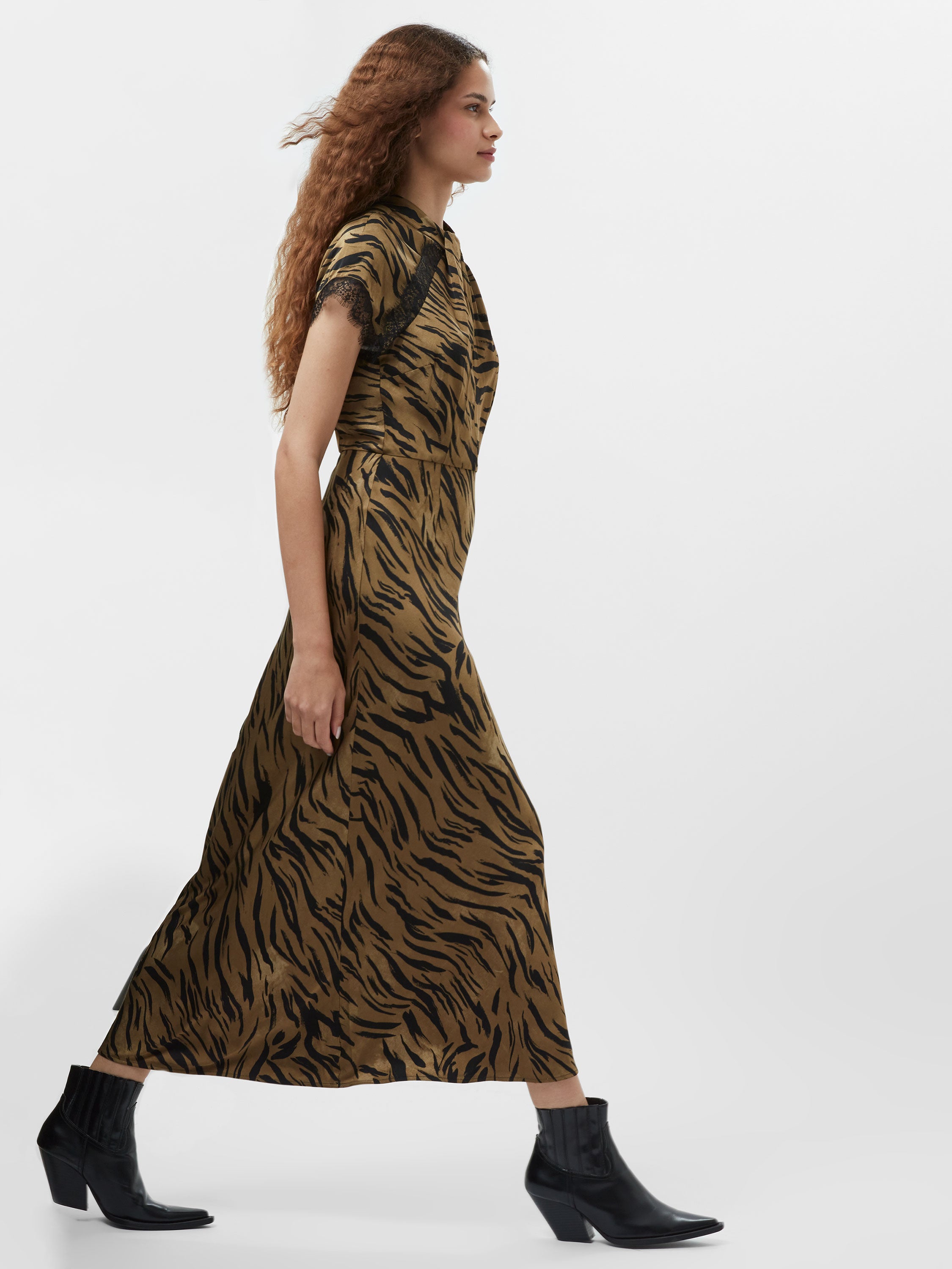 Adeline Ennis Eco Satin Lace Trim Dress Golden Olive Khaki