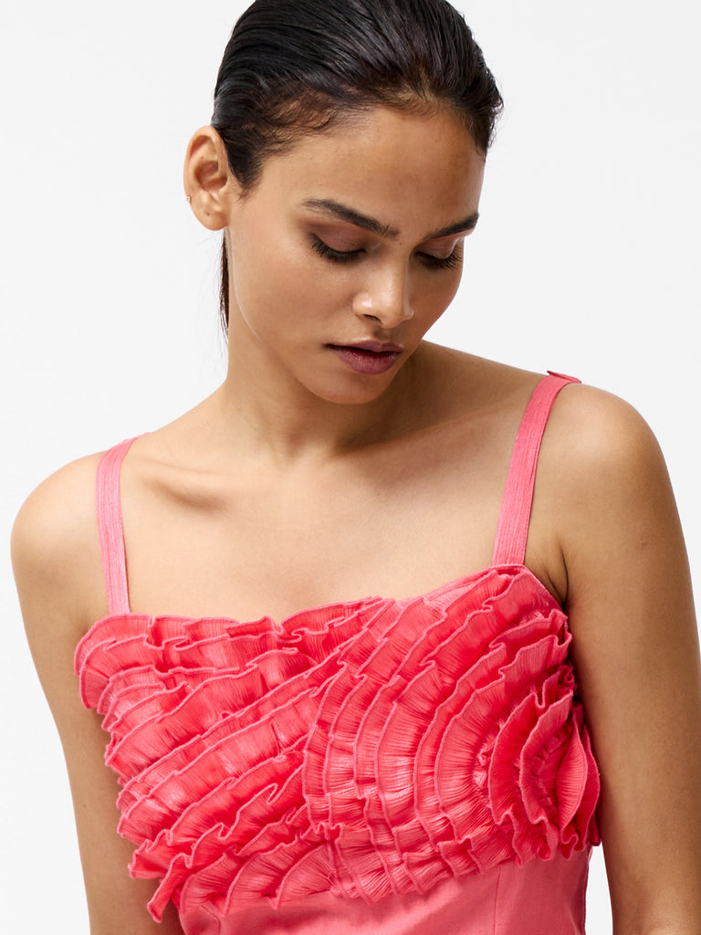 Ariette Ruffled Bust Midi Dress Raspberry Pink
