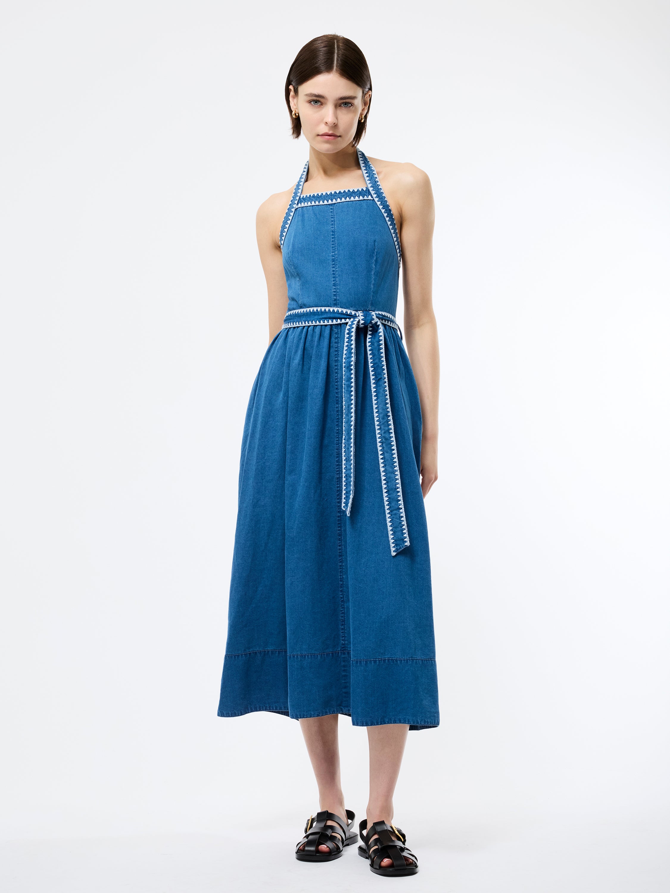 Zaves Chambray Denim Halterneck Midi Dress