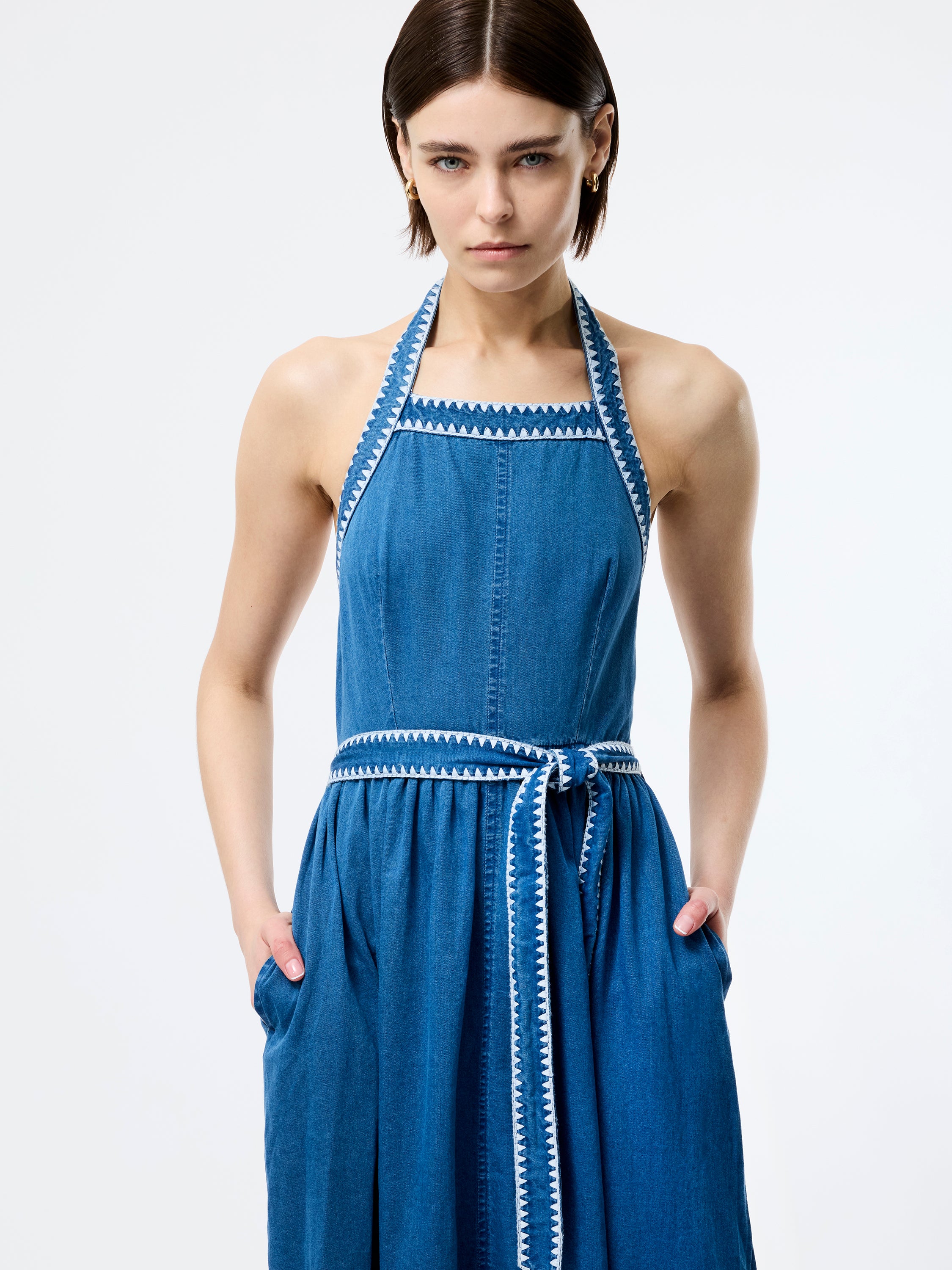Zaves Chambray Denim Halterneck Midi Dress