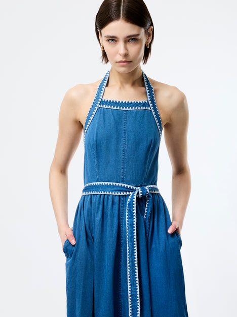 Zaves Chambray Denim Halterneck Midi Dress