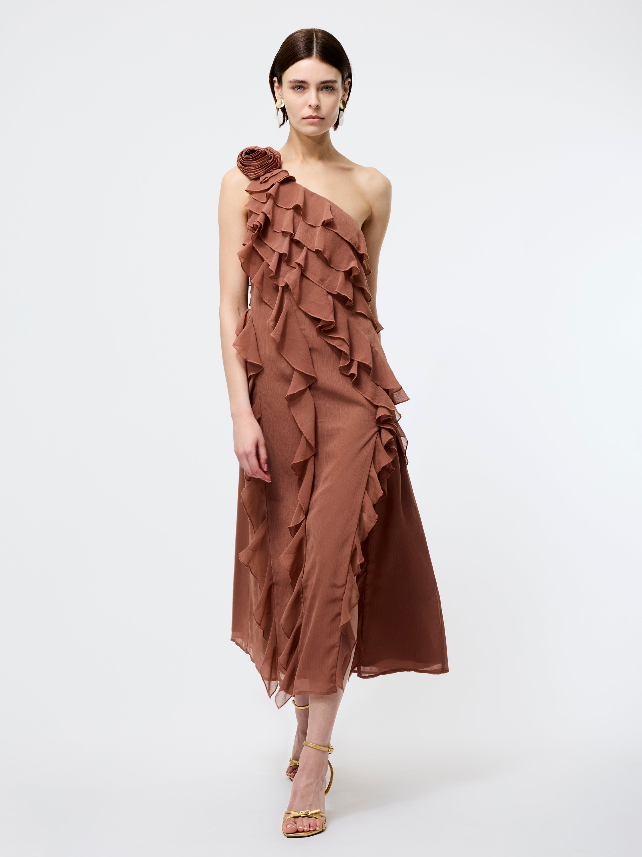 Oskar Georgette Ruffle Midi Dress