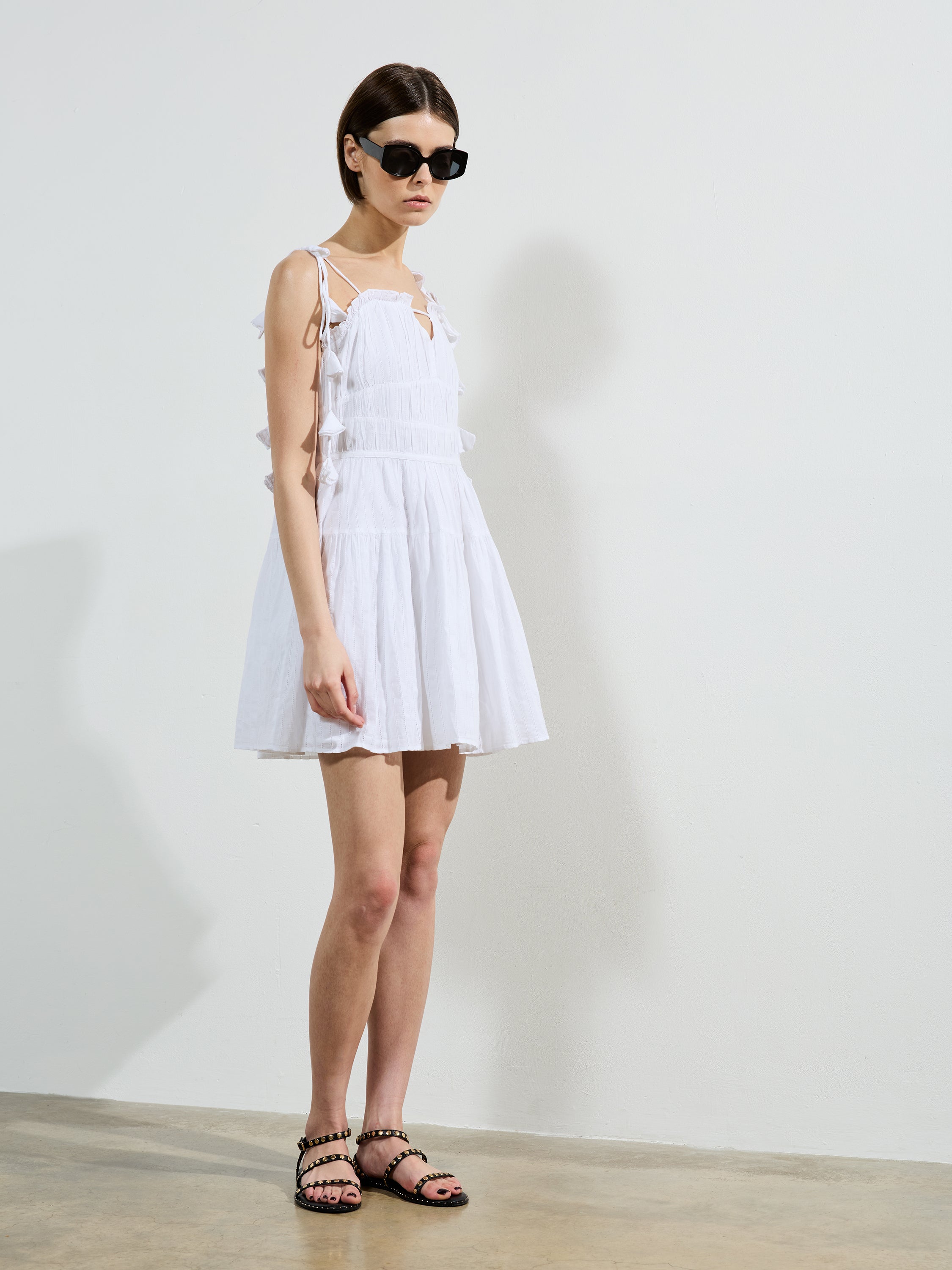 Amra Cotton Gathered Mini Dress Linen White