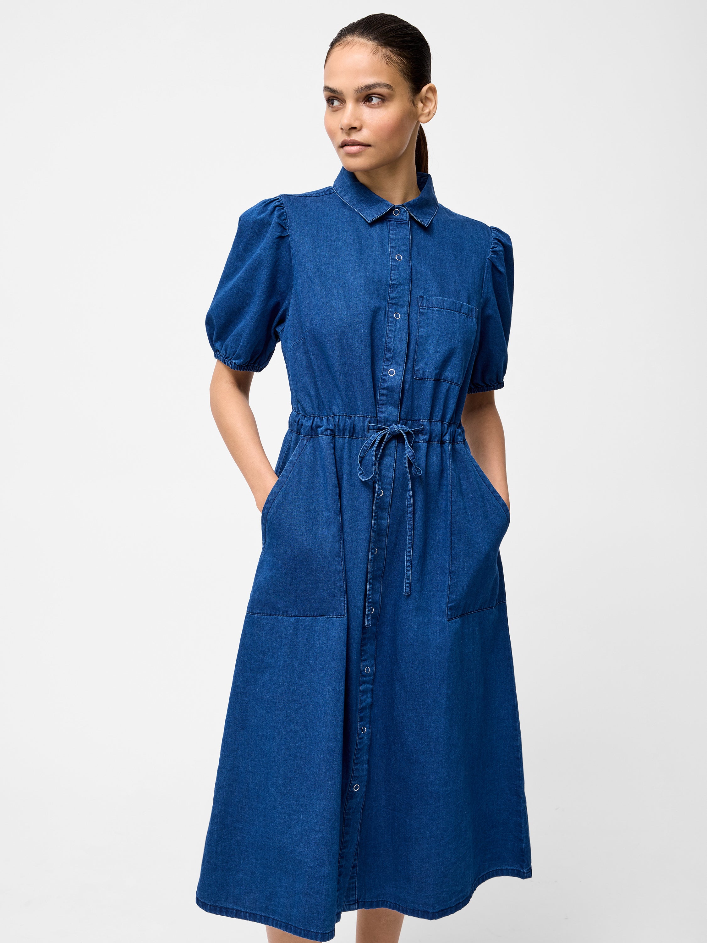 Chambray Popper Through Tie Shirt Dress