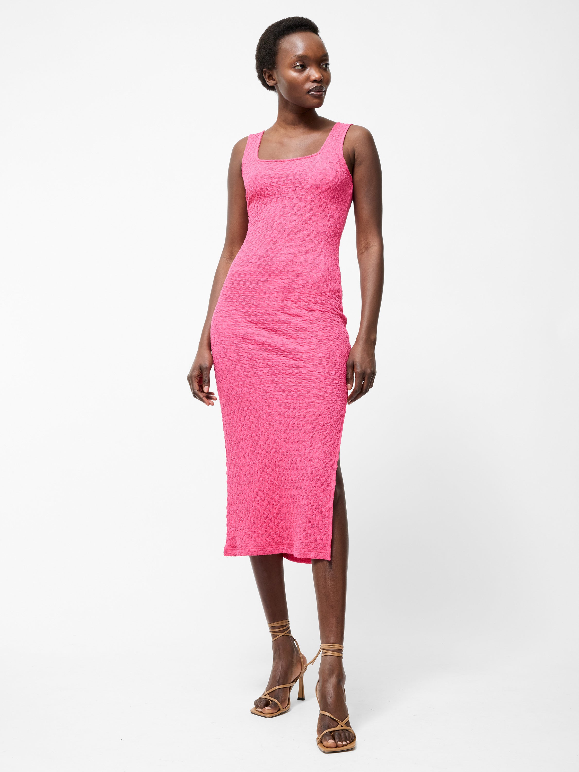 Textured Square Neck Midi Dress Raspberry Sorbet
