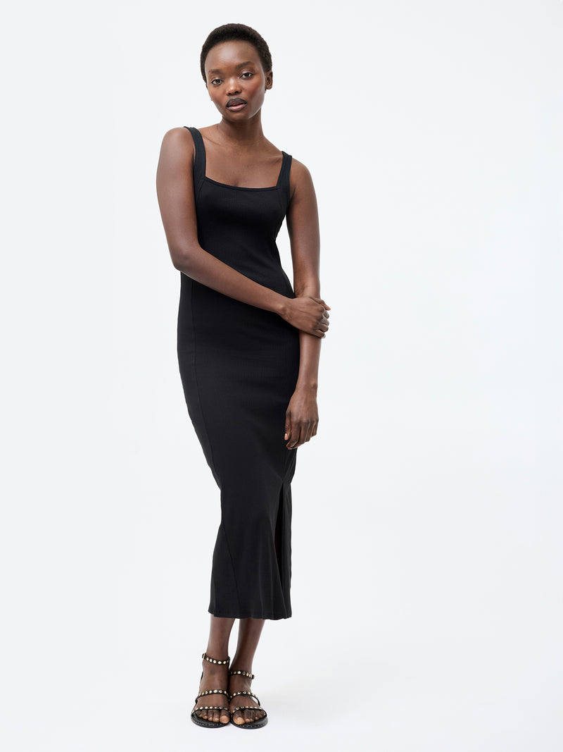 Square Neck Ribbed Bodycon Midi Dress