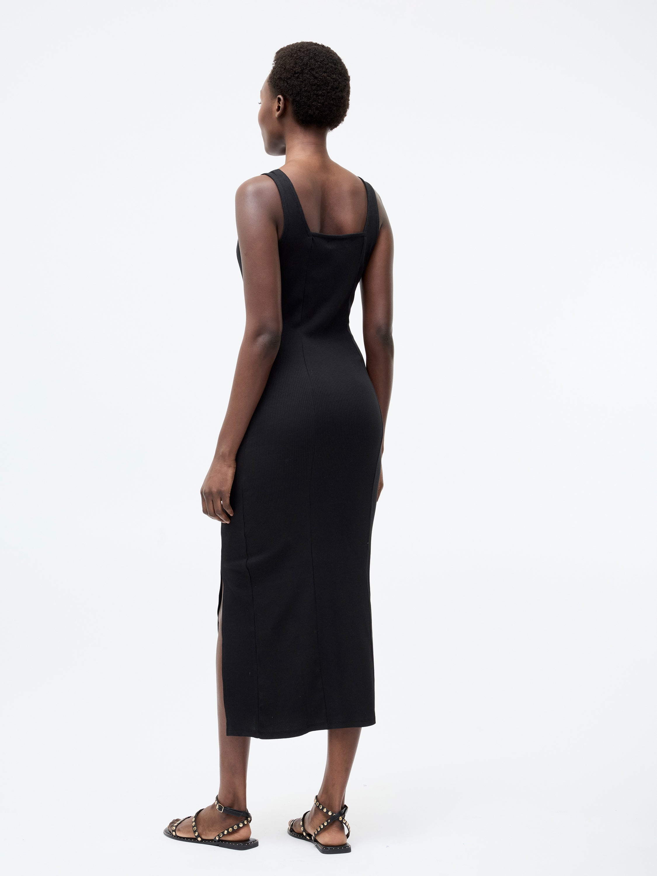 Square Neck Ribbed Bodycon Midi Dress