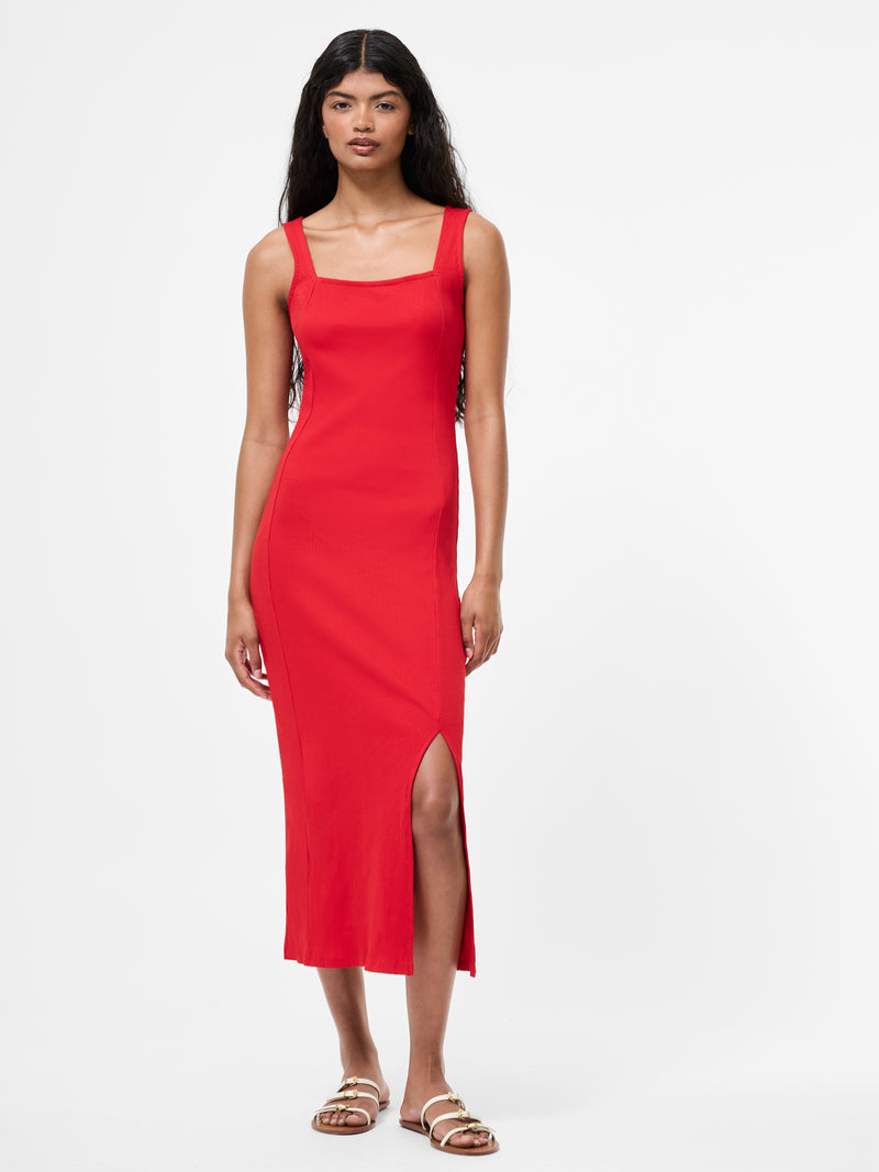 Square Neck Ribbed Bodycon Midi Dress