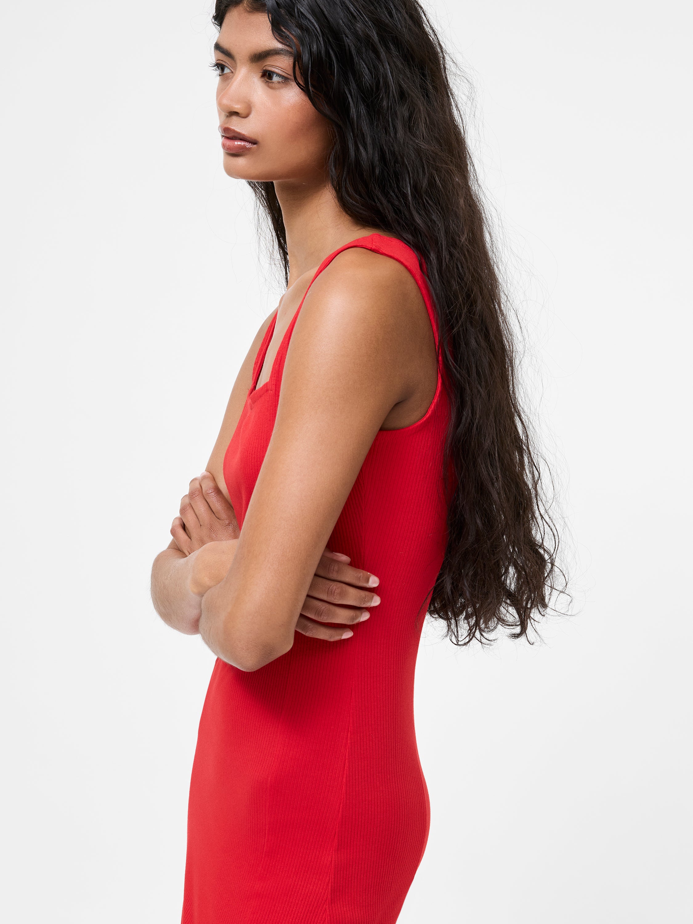 Square Neck Ribbed Bodycon Midi Dress