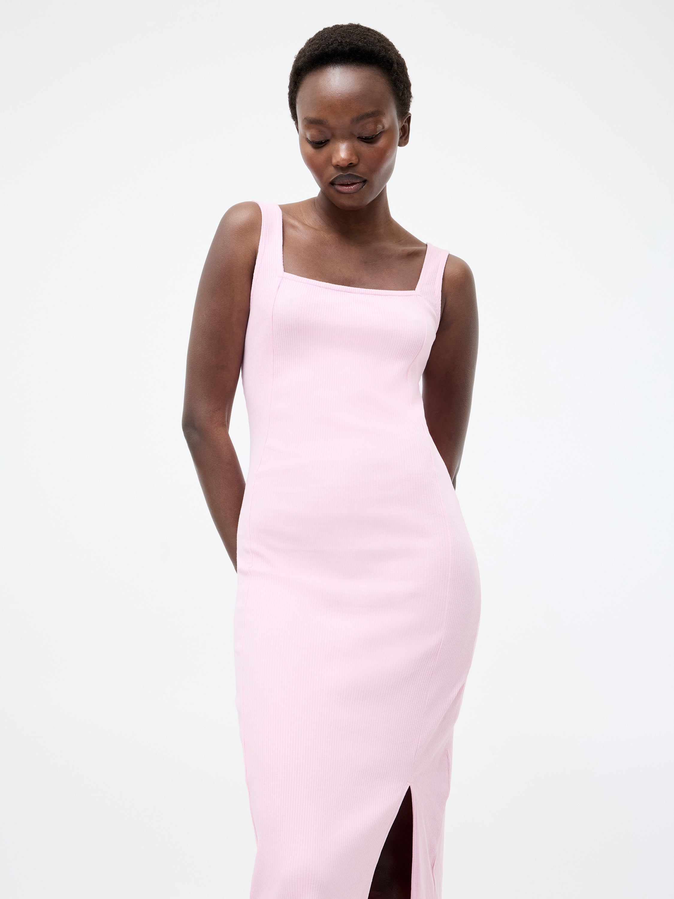 Square Neck Ribbed Bodycon Midi Dress - Main Image