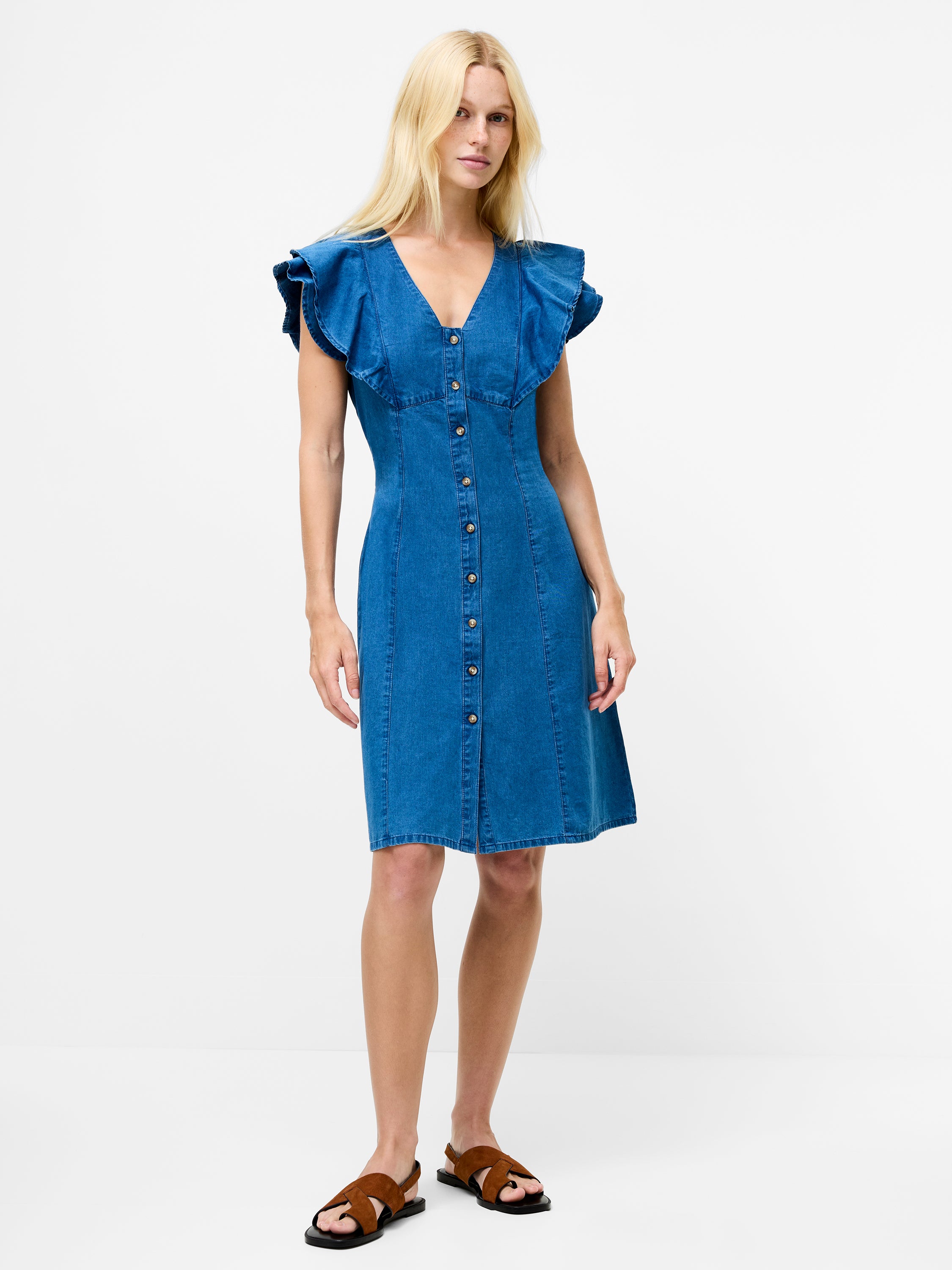Ruffle Denim Chambray Dress Mid Wash French Connection UK