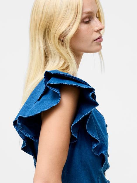 Ruffle Denim Chambray Dress