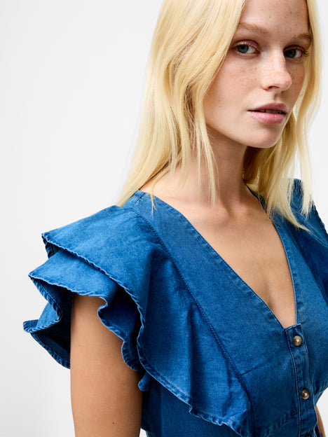Ruffle Denim Chambray Dress