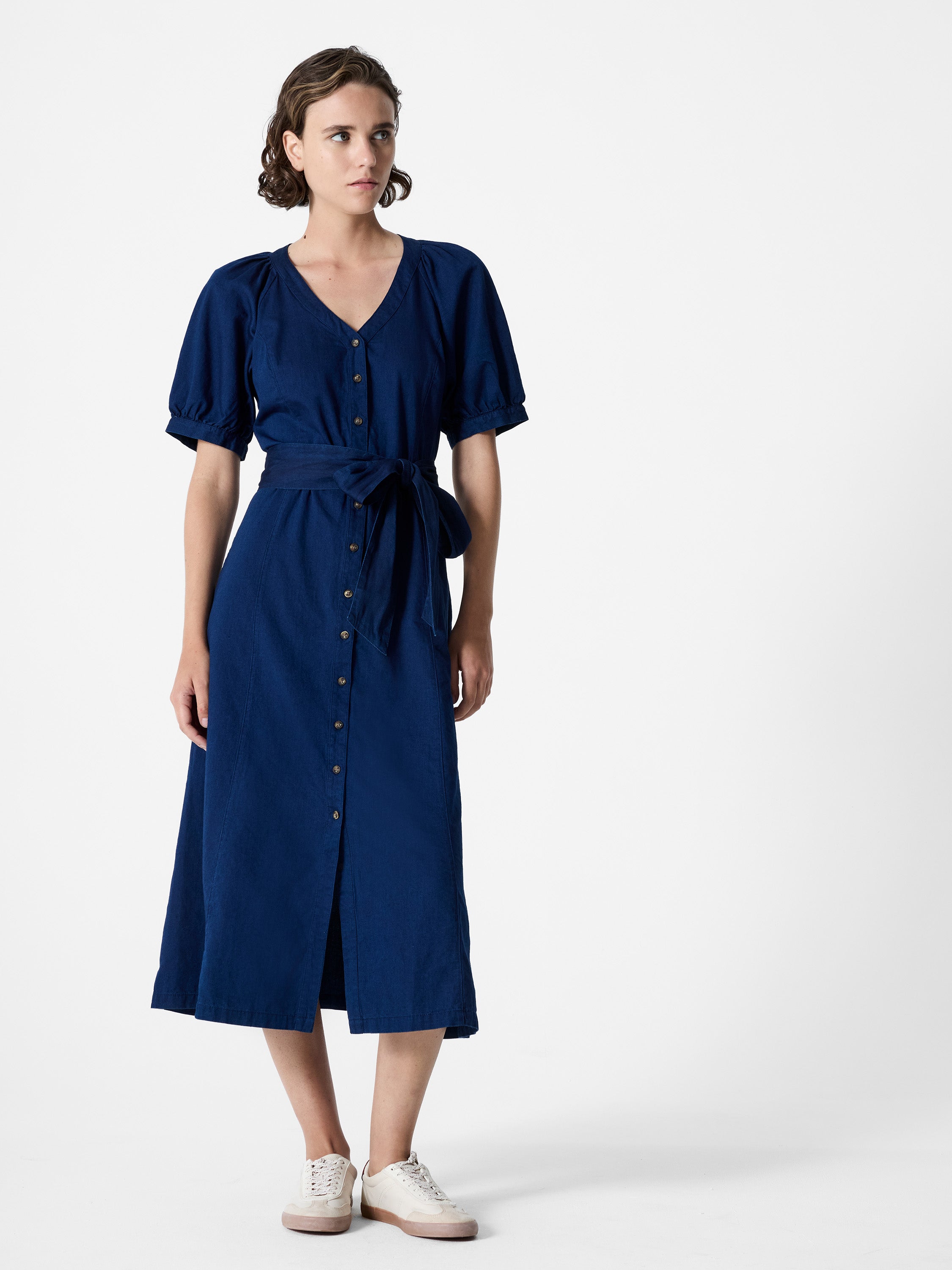 Zaves Chambray Denim V Neck Midi Dress Chambray Blue