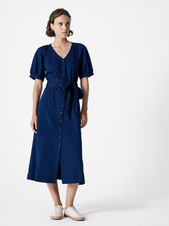 Zaves Chambray Denim V Neck Midi Dress