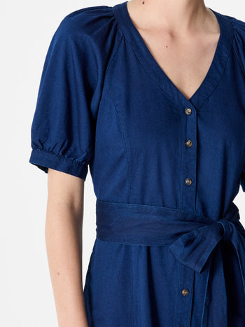 Zaves Chambray Denim V Neck Midi Dress